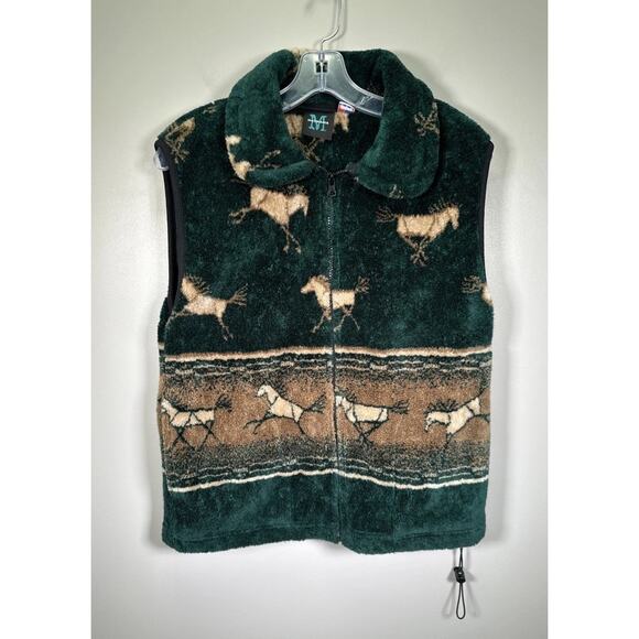 VTG Mazmania Sleeveless Vest M Green Aztec Horses Native American Pockets USA - Picture 1 of 7
